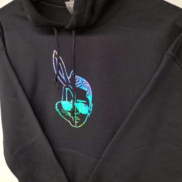 Bad Bunny Holographic Black Pullover hoodie * Beautiful * - Picture 5 of 7